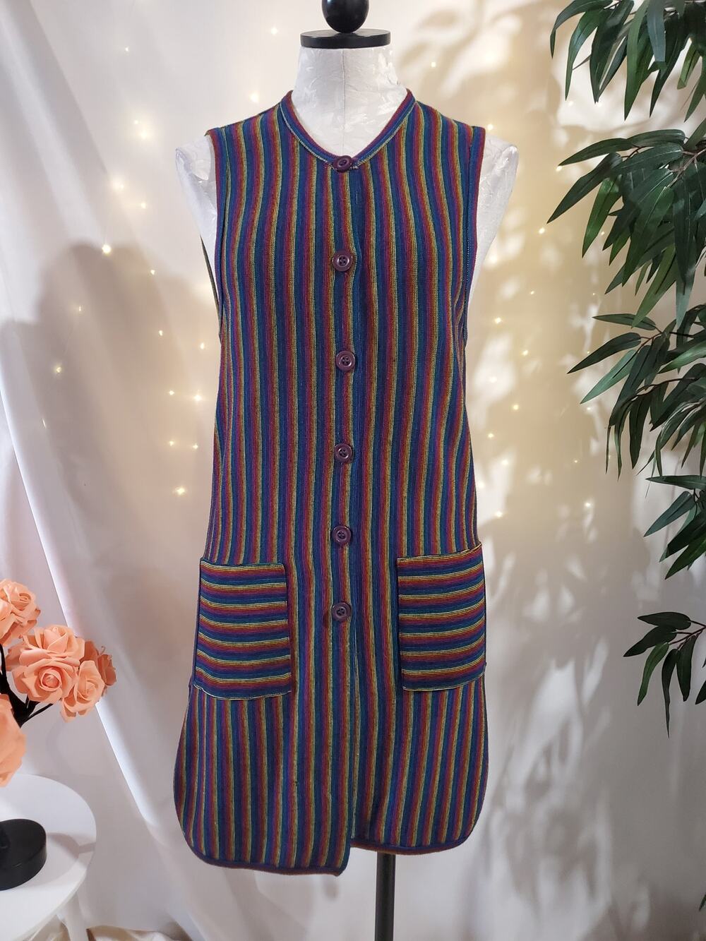 Vtg 70s Renee Tener Outlander Rainbow Button Sweater Cardigan Dress Size M Wool